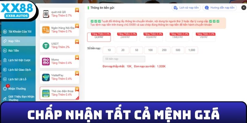 Nhà cái chấp nhận nạp tiền XX88 tất cả mệnh giá
