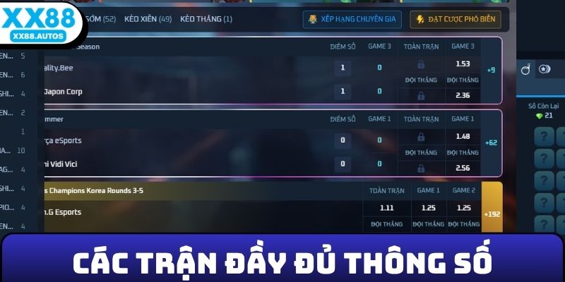 Theo dõi các trận với đầy đủ thông số